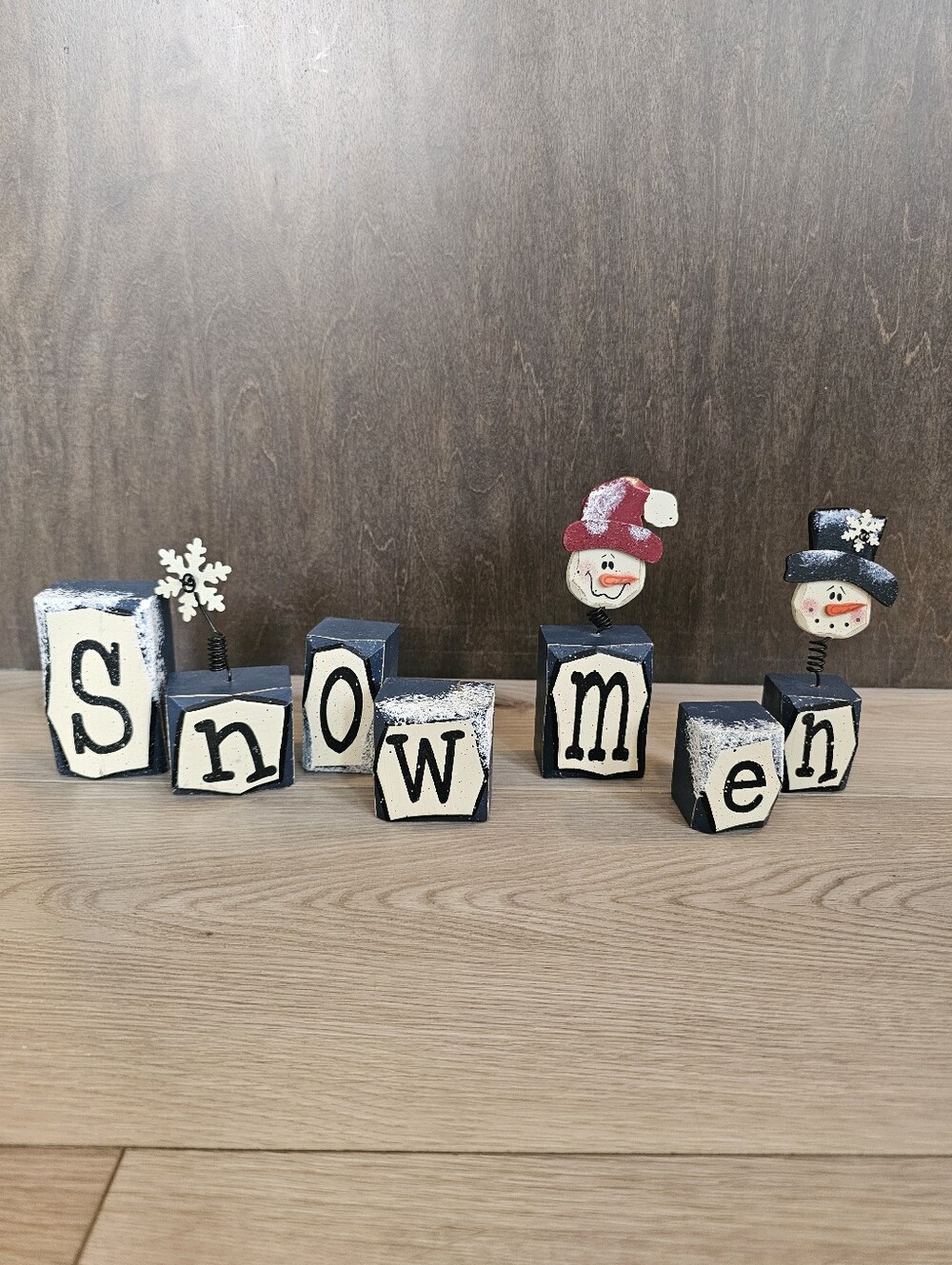 Rustic Handmade Wood "SNOWMEN" Block Sign Set - Winter & Christmas Decor